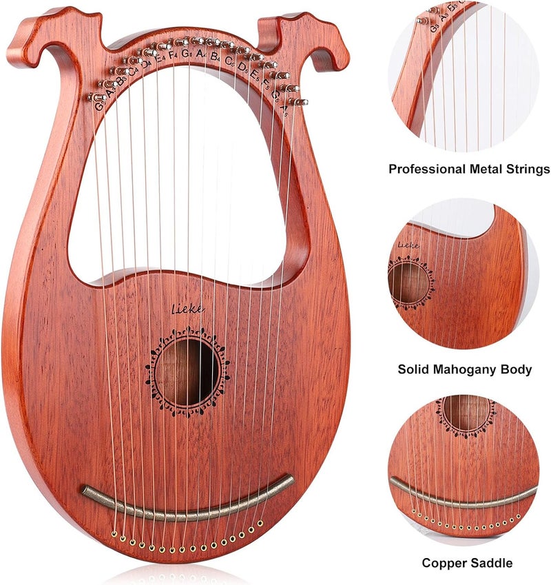 LIEKE Lyre Harp 16 Metal Strings,Mahogany Body and Copper Saddle,Mini Harp instrument Gift with Bag Tuning Wrench for Beginner Musician - Image 2